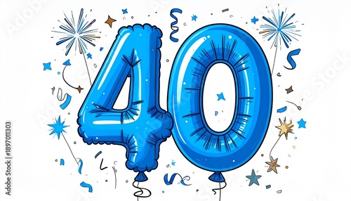 Blue cartoon style balloon shaped as number 40 with confetti on white background. Illustration for birthday or anniversary party