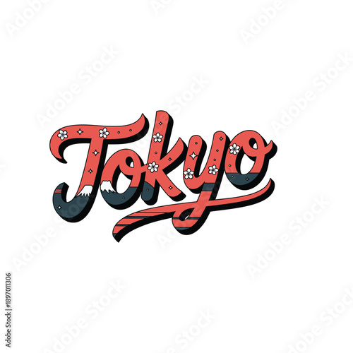 Tokyo City Name Text Art with Japanese Elements.