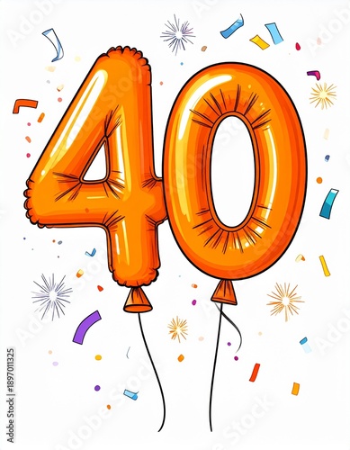 Orange cartoon style balloon shaped as number 40 with confetti on white background. Illustration for birthday or anniversary party