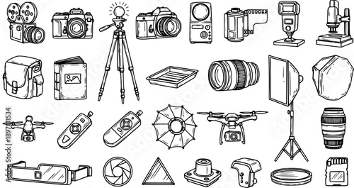 Black and White Line Art Set of Photography Equipment and Accessories