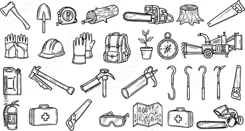Black and White Line Art Icons of Forest Work Tools and Equipment for Lumberjacks