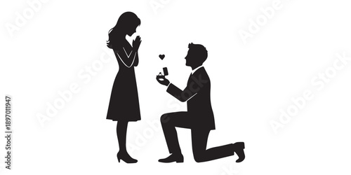 Romantic couple silhouettes proposing and embracing with diamond rings on white background for valentine's day or wedding invitations and love themed designs, Happy Valentine Day Couple Proposing