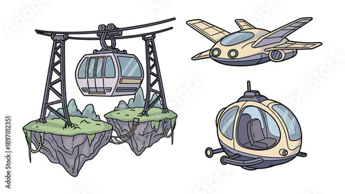 Floating Island Transport: A whimsical scene with futuristic elements, depicting a cable car traversing between floating islands, accompanied by a spacecraft and a pod vehicle.