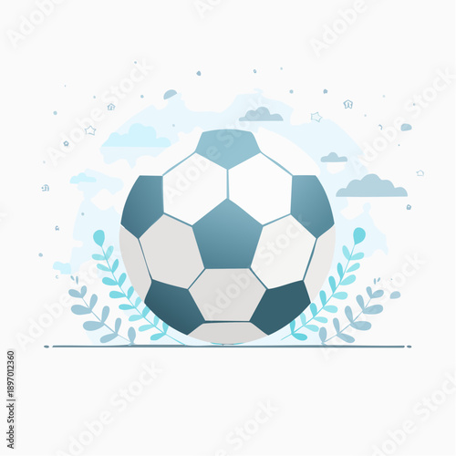 Soccer Ball Flat Vector Illustration with Decorative Leaves and Clean Background