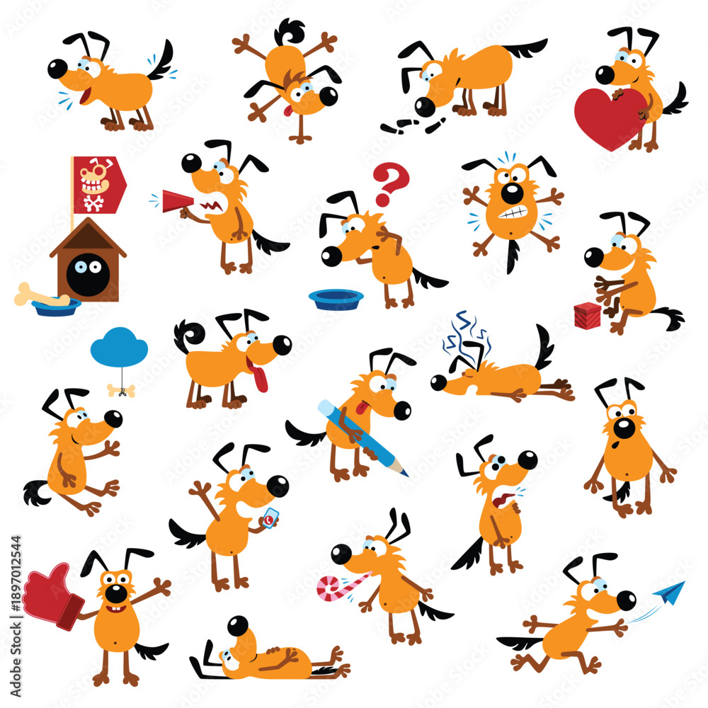 Fototapeta premium Funny cartoon dog set. Dogs tricks and action. Kind funny puppies jump, have fun, fool around, sleep, bark and play. Colorful vector illustration