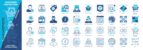 Consumer Protection icon set. Product return, Buyer, Complaint, Refund, Commerce, Fraud, Regulation, Law. Duotone color solid and editable outline icons
