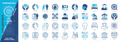 Epidemiology icon set. Wear Mask, Pandemic, Disease, Epidemiologist, Vaccine, Population, Illness, Treatment. Duotone color solid and editable outline icons
