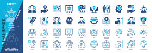 Expert icon set. Competence, Wisdom, Solution, Qualification, Skills, Specialist, Experience, Problem Solving. Duotone color solid and editable outline icons