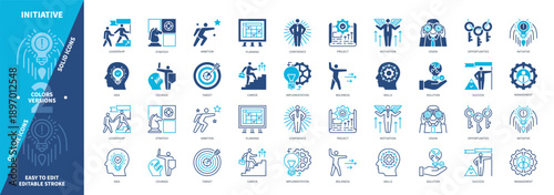 Initiative icon set. Motivation, Confidence, Courage, Project, Target, Skills, Opportunities, Success. Duotone color solid and editable outline icons