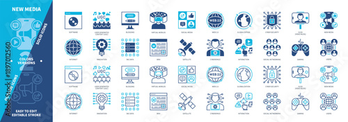 New Media icon set. Content, Cybersecurity, Social Networking, Social Media, Cyberspace, Innovation, UGC, Satellite. Duotone color solid and editable outline icons