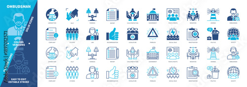 Ombudsman icon set. Mediation, Investigation, Child Protection, Oversee, Social Issue, Fairness, Problem, Help. Duotone color solid and editable outline icons