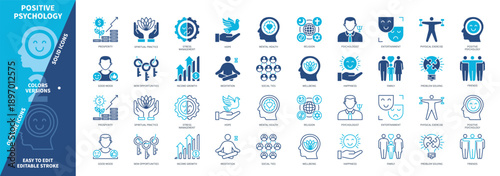 Positive Psychology icon set. Good Mood, Prosperity, Friends, Family, Religion, Hope, Opportunities, Stress Management, Meditation. Duotone color solid and editable outline icons