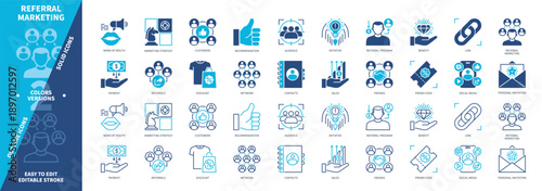 Referral Marketing icon set. Promo Code, Word of Mouth, Initiative, Payment, Customers, Link, Network, Invitation. Duotone color solid and editable outline icons