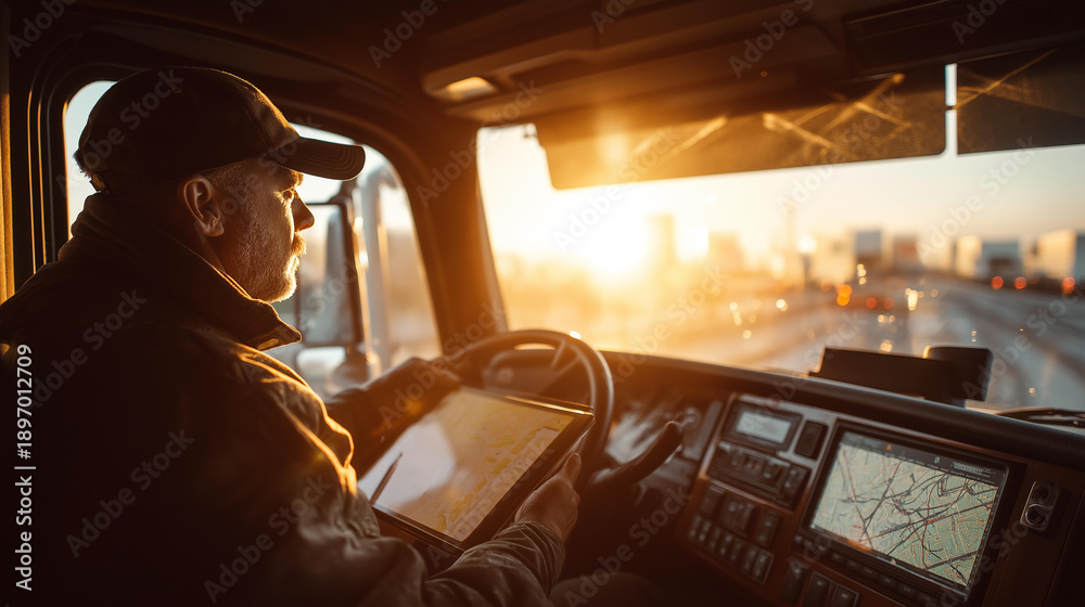 Fototapeta premium Semi truck driver checking GPS navigation in cab interior, early morning light through windshield, over-shoulder view, warm golden hour lighting, documentary style, truck driver cabin, route