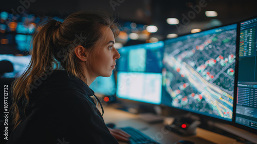 Young dispatcher coordinating routes on multiple screens, modern logistics office, over-shoulder framing, cool corporate lighting, commercial style, fleet tracking, supply chain management, dispatch