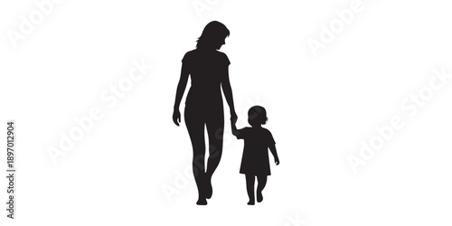 Mother and young child walking hand in hand silhouette, simple flat vector, emotional family moment, black and white, no background, isolated, stock-ready silhouette ,happy mothers day,parents holding