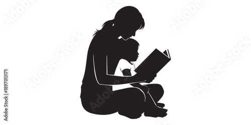 Silhouette of mother reading book to child, family bonding outdoors, parenting love, education concept, peaceful nature scene, childhood learning,Mother reading a book to her child silhouette, happy 