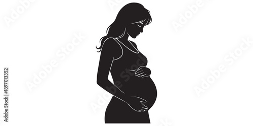Pregnant woman silhouette touching belly, motherhood concept, elegant pose, flat vector illustration, black silhouette, minimal detail, isolated on white BG, Happy mothers day,pro