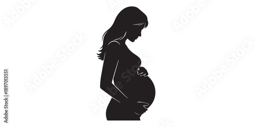 Pregnant woman silhouette touching belly, motherhood concept, elegant pose, flat vector illustration, black silhouette, minimal detail, isolated on white BG, Happy mothers day,pro