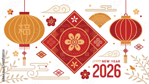 Celebrate Chinese New Year 2026 with this stunning graphic featuring vibrant lanterns, intricate patterns, and bold colors, perfect for adding a touch of cultural festivity to your designs