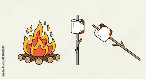 Campfire with marshmallows on sticks illustration.
