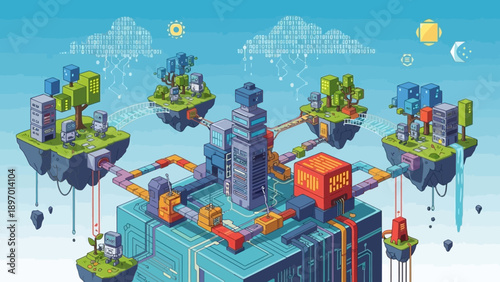 Futuristic Cityscape with Floating Islands and Buildings.