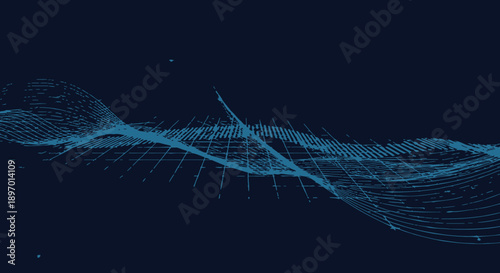 Aerial view of futuristic wave pattern with dots and lines on dark blue background, illustrating technology and innovation