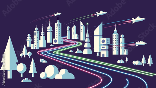 Futuristic Cityscape with Roads and Airplanes.