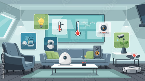 Futuristic Living Room Interior with Smart Devices.