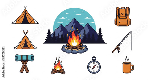 Camping Adventure Gear and Mountain Scene.