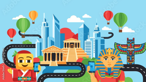 Diverse Cultural Icons and Landmarks Representing Global Travel.