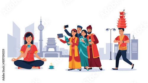 Diverse People Practicing Yoga and Celebrating Culture.