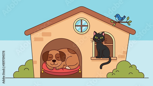 Doghouse with Dog and Cat Inside.