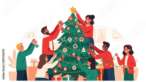 Family Decorating Christmas Tree Together.