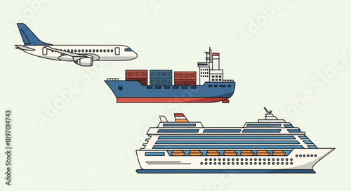 Airplane cargo ship and cruise ship illustration.
