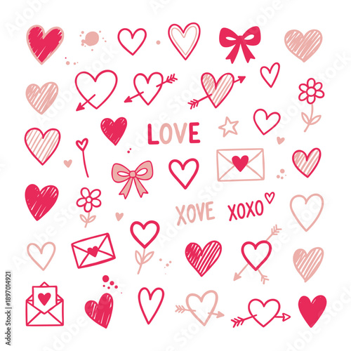 Various red heart doodles on a pink background. Hearts are drawn in different styles, showcasing creativity and love. Heart designs vary in size and shape. Cute hand drawn Valentine's Day vector set.