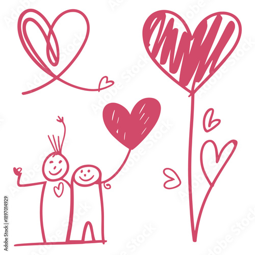 Various red heart doodles on a pink background. Hearts are drawn in different styles, showcasing creativity and love. Heart designs vary in size and shape. Cute hand drawn Valentine's Day vector set.
