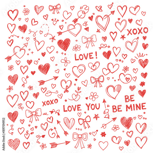 Various red heart doodles on a pink background. Hearts are drawn in different styles, showcasing creativity and love. Heart designs vary in size and shape. Cute hand drawn Valentine's Day vector set.