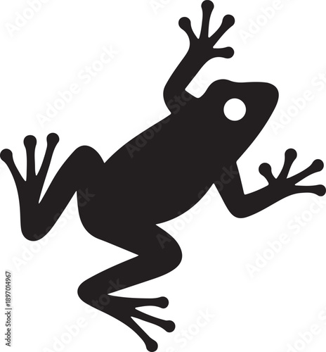 Silhouette of a frog with extended limbs on a black background. The frog's shape is clearly outlined, conveying a sense of motion and alertness