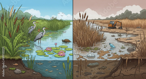 Contrasting environments pristine wetland ecosystem vs polluted marsh with construction machinery