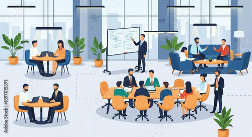 Business meeting in a modern office with people collaborating.