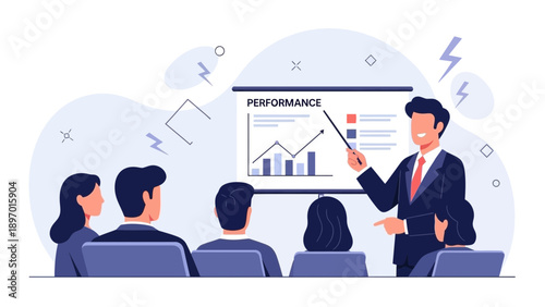 Business meeting: successful performance presentation with graph and team