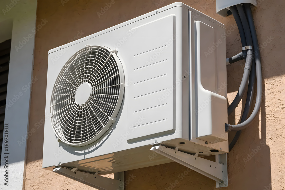Fototapeta premium A white air conditioning unit mounted on a brown stucco wall with gray tubes and wires