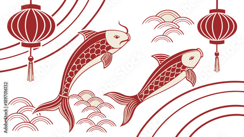 Elegant koi fish swim amidst vibrant red lanterns in a stunning traditional Asian design, evoking prosperity and good fortune.