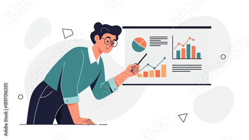 Business analyst presenting financial data chart on whiteboard, business concept
