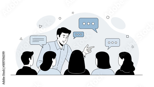 Business coach leading training session, pointing and speaking to attentive audience