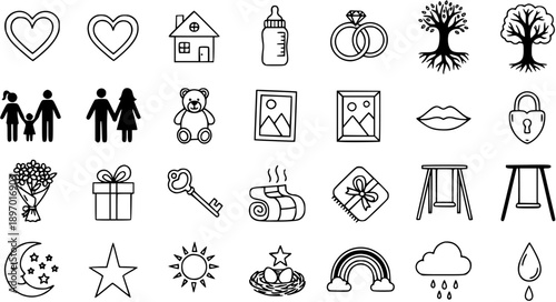 Hand-drawn Black and White Line Art Icons Set for Family, Love, Home, Nature, and Everyday Life Doodles