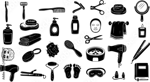 Beauty and Personal Care Glyph Icons Set. Hand Drawn Black and White Bathroom Essentials, Spa, and Hygiene Silhouette Vector Collection.