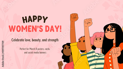 Diverse group of young people raising their hands up. Vector illustration