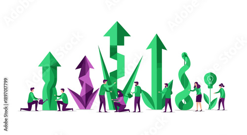 Team Nurturing Growth Arrows: Business Success, Investment Strategy, and Collaborative Development. Flat vector illustration on white background.